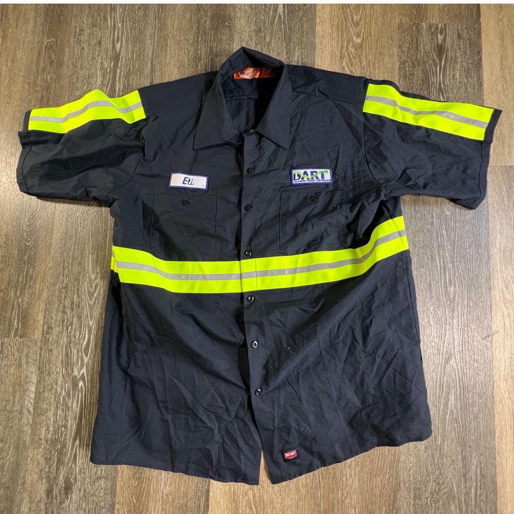 Red Kap Work Shirt Mens XL Navy Blue Reflective Safety DART Patch Short Sleeve